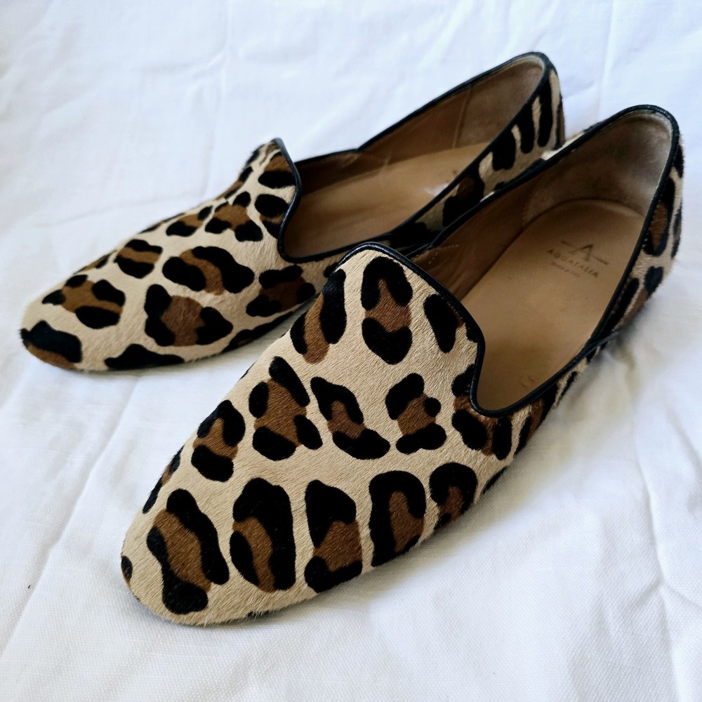 Aquatalia Leopard Calf Hair Loafers Womens 9M Pointed Toe Smoking Flats Italy
